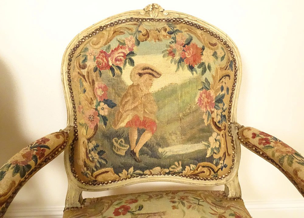 Paire fauteuils à la reine Louis XV bois tapisserie Aubusson Fable Fontaine 18è-photo-2