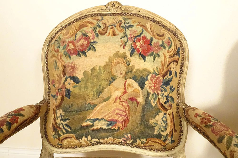 Paire fauteuils à la reine Louis XV bois tapisserie Aubusson Fable Fontaine 18è-photo-3