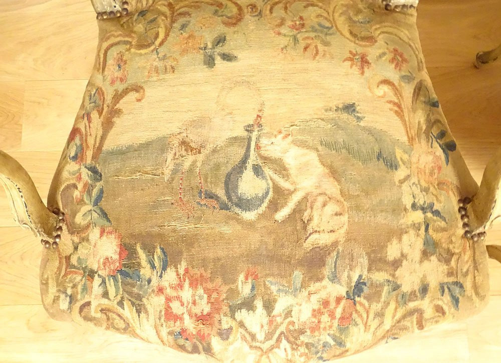 Paire fauteuils à la reine Louis XV bois tapisserie Aubusson Fable Fontaine 18è-photo-4