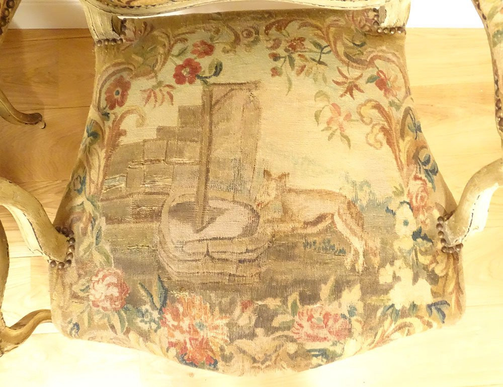 Paire fauteuils à la reine Louis XV bois tapisserie Aubusson Fable Fontaine 18è-photo-1