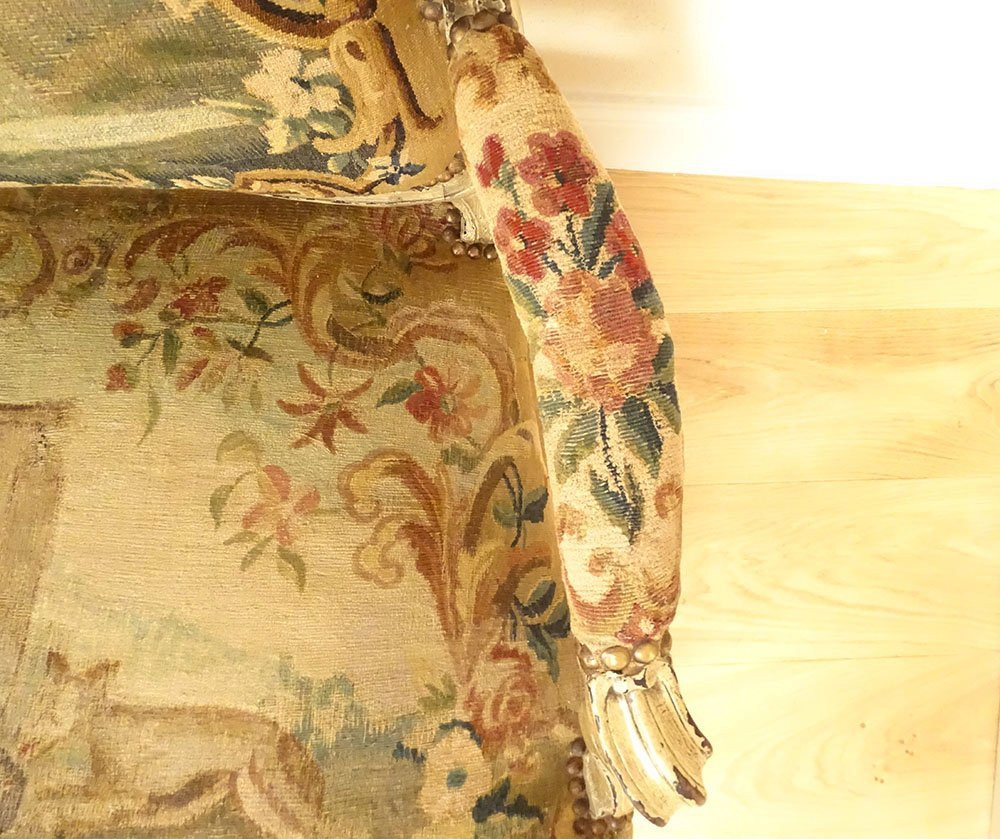 Paire fauteuils à la reine Louis XV bois tapisserie Aubusson Fable Fontaine 18è-photo-2