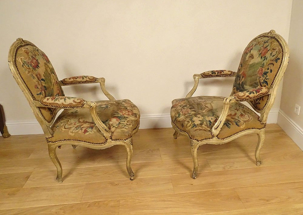 Paire fauteuils à la reine Louis XV bois tapisserie Aubusson Fable Fontaine 18è-photo-6