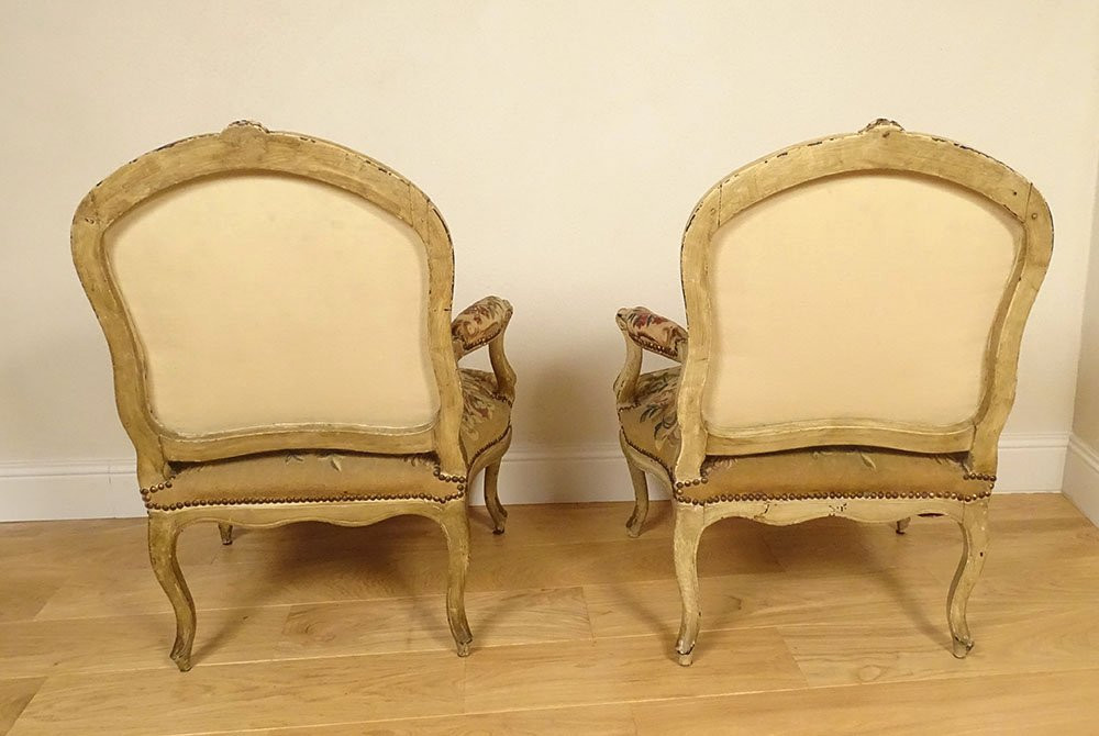 Paire fauteuils à la reine Louis XV bois tapisserie Aubusson Fable Fontaine 18è-photo-7