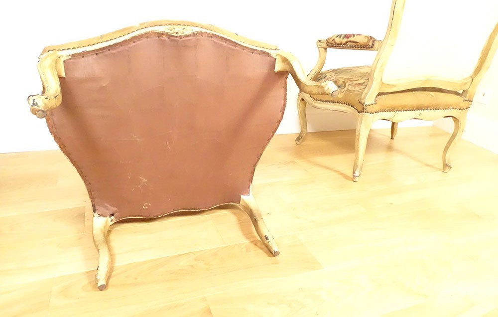 Paire fauteuils à la reine Louis XV bois tapisserie Aubusson Fable Fontaine 18è-photo-8
