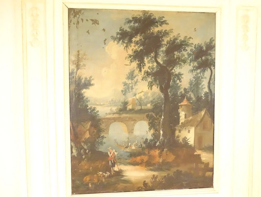 Louis XVI Trumeau Mirror, Lacquered Wood, Hst Shepherd Landscape, Bridge, 18th Century-photo-2