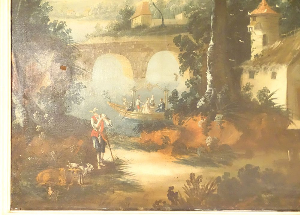 Louis XVI Trumeau Mirror, Lacquered Wood, Hst Shepherd Landscape, Bridge, 18th Century-photo-3