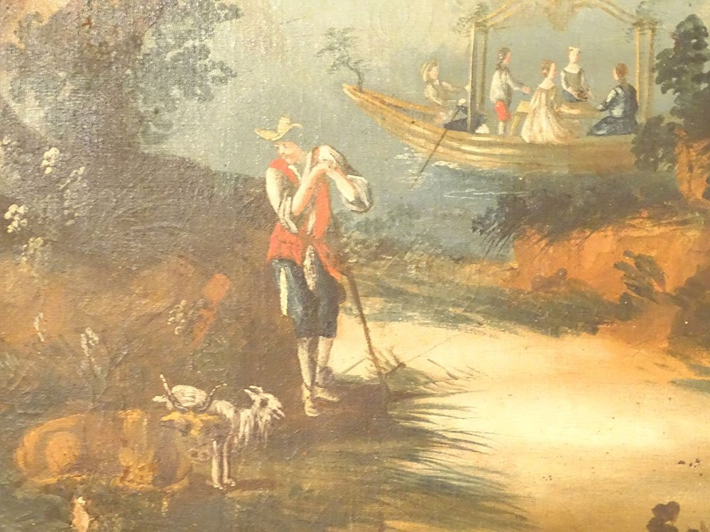 Louis XVI Trumeau Mirror, Lacquered Wood, Hst Shepherd Landscape, Bridge, 18th Century-photo-4
