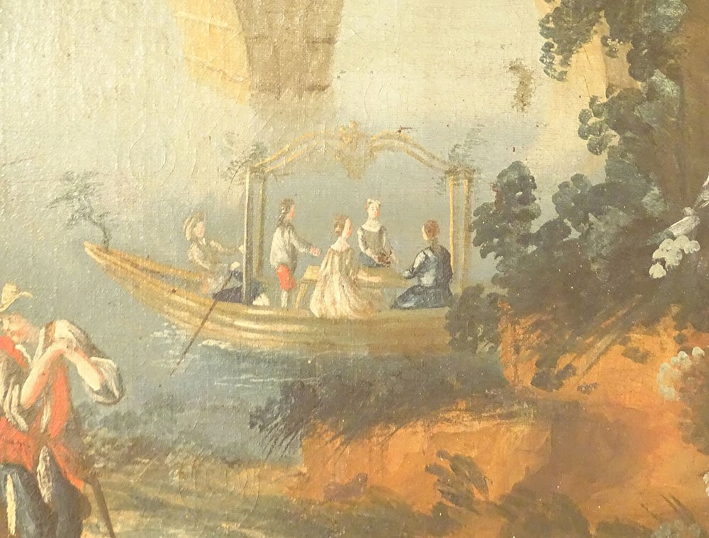 Louis XVI Trumeau Mirror, Lacquered Wood, Hst Shepherd Landscape, Bridge, 18th Century-photo-1