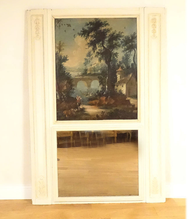 Louis XVI Trumeau Mirror, Lacquered Wood, Hst Shepherd Landscape, Bridge, 18th Century