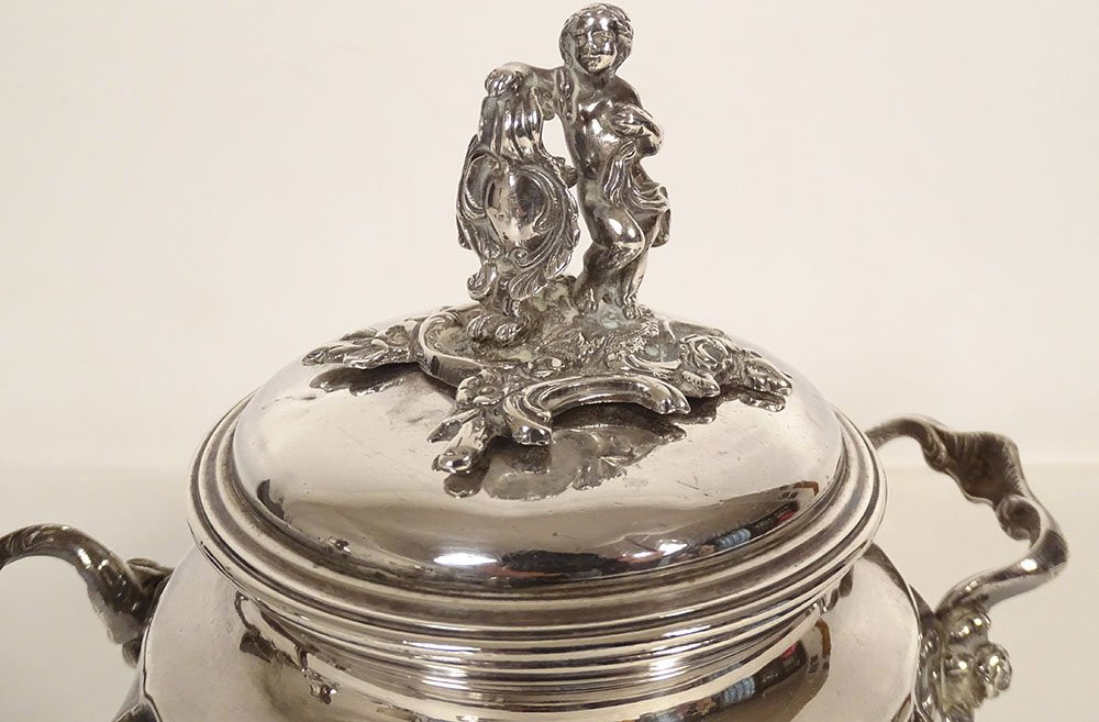 Louis XV Sugar Bowl In Solid Silver, Minerva Emile Hugo, Cherub, Rocaille, 19th Century-photo-2