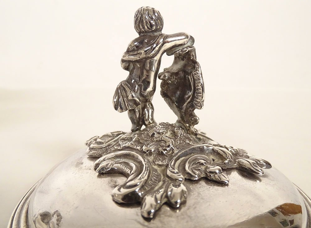 Louis XV Sugar Bowl In Solid Silver, Minerva Emile Hugo, Cherub, Rocaille, 19th Century-photo-4