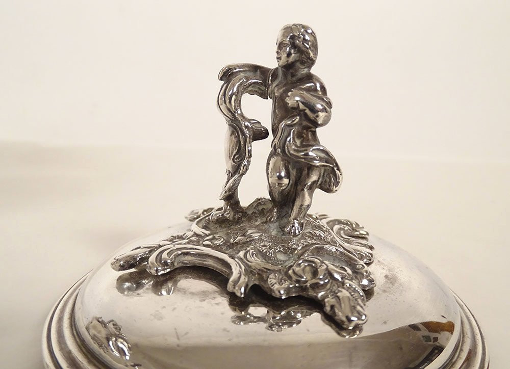 Louis XV Sugar Bowl In Solid Silver, Minerva Emile Hugo, Cherub, Rocaille, 19th Century-photo-5