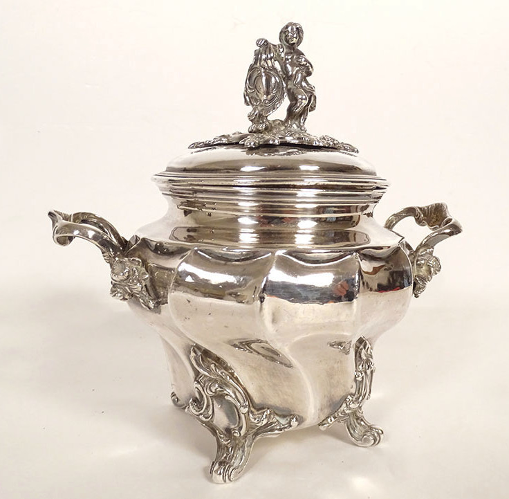 Louis XV Sugar Bowl In Solid Silver, Minerva Emile Hugo, Cherub, Rocaille, 19th Century