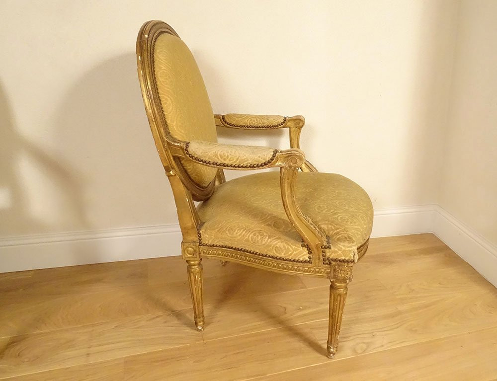 Pair Of Louis XVI Cabriolet Armchairs With Acanthus And Gilt Wood Medallions, Late 18th Century-photo-3
