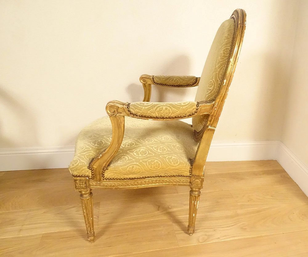 Pair Of Louis XVI Cabriolet Armchairs With Acanthus And Gilt Wood Medallions, Late 18th Century-photo-6
