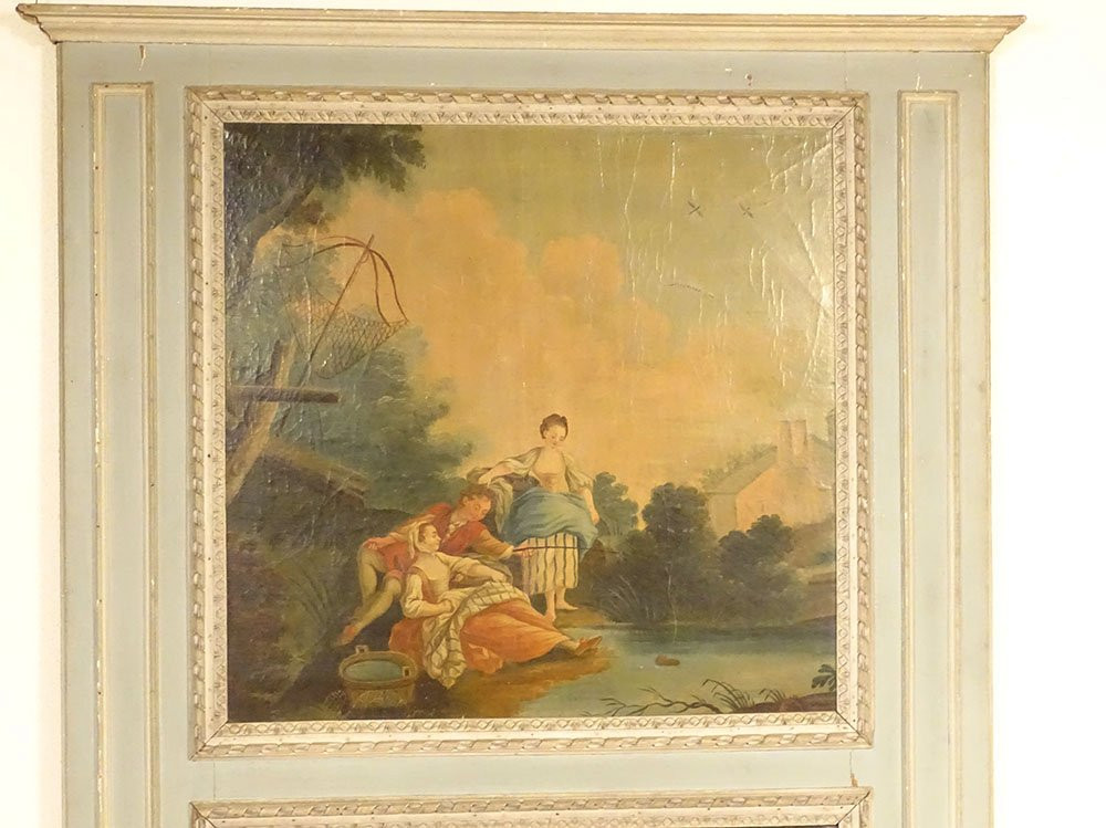 Trumeau Louis XVI miroir glace bois laqué HST scène galante pêche XVIIIè-photo-2