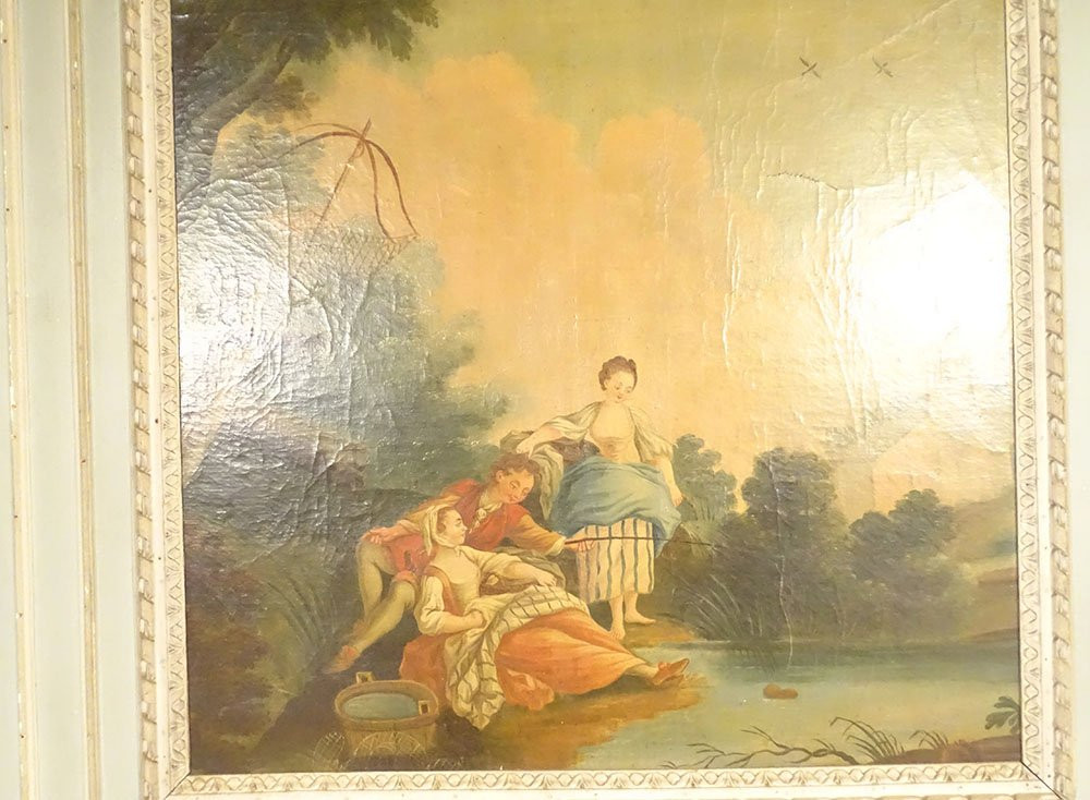 Trumeau Louis XVI miroir glace bois laqué HST scène galante pêche XVIIIè-photo-4