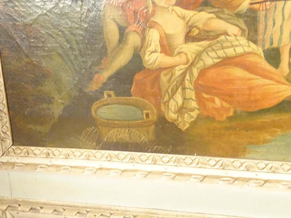 Trumeau Louis XVI miroir glace bois laqué HST scène galante pêche XVIIIè-photo-4