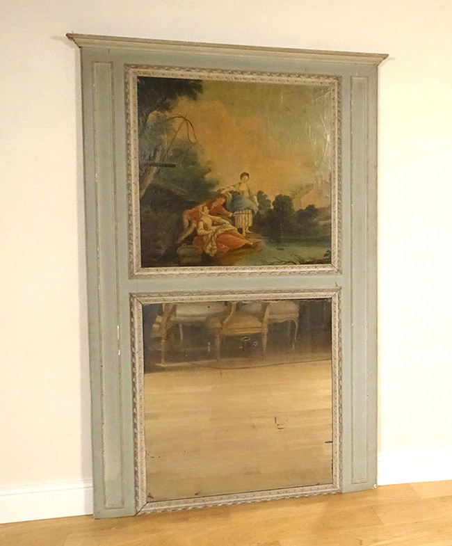 Trumeau Louis XVI miroir glace bois laqué HST scène galante pêche XVIIIè
