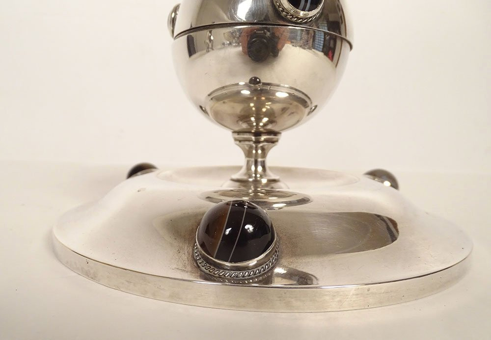 Silver-plated Inkwell With Tiger's Eye Agate Cabochons, Art Deco, 20th Century-photo-2