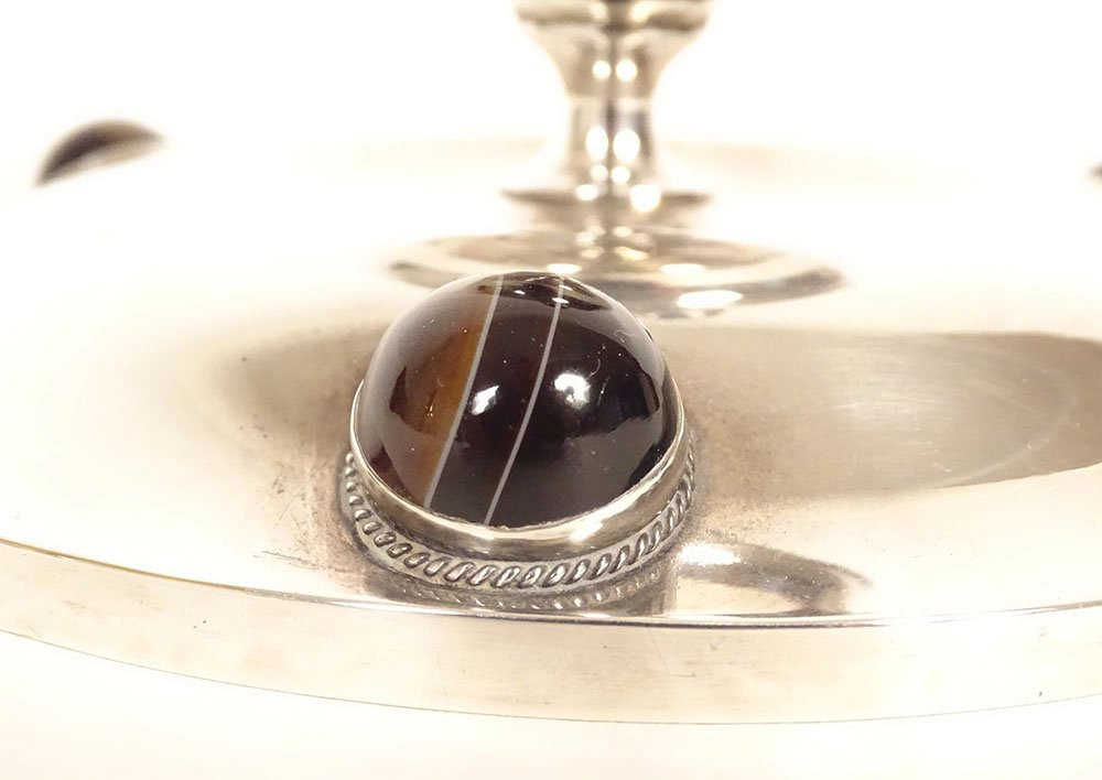 Silver-plated Inkwell With Tiger's Eye Agate Cabochons, Art Deco, 20th Century-photo-3