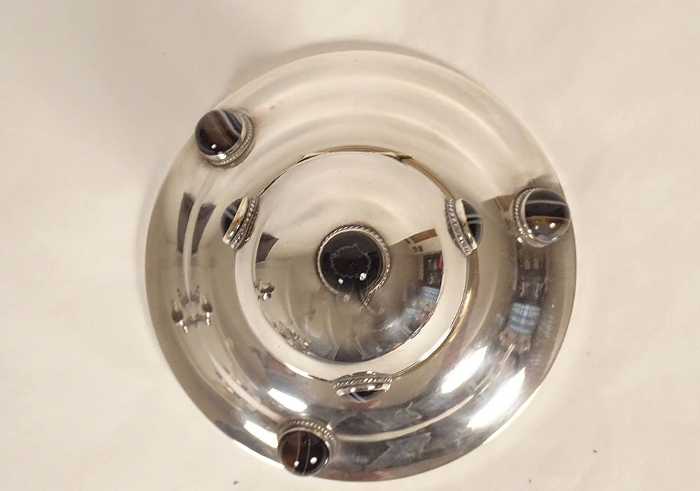 Silver-plated Inkwell With Tiger's Eye Agate Cabochons, Art Deco, 20th Century-photo-1