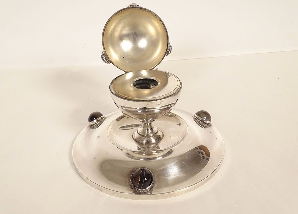 Silver-plated Inkwell With Tiger's Eye Agate Cabochons, Art Deco, 20th Century-photo-2