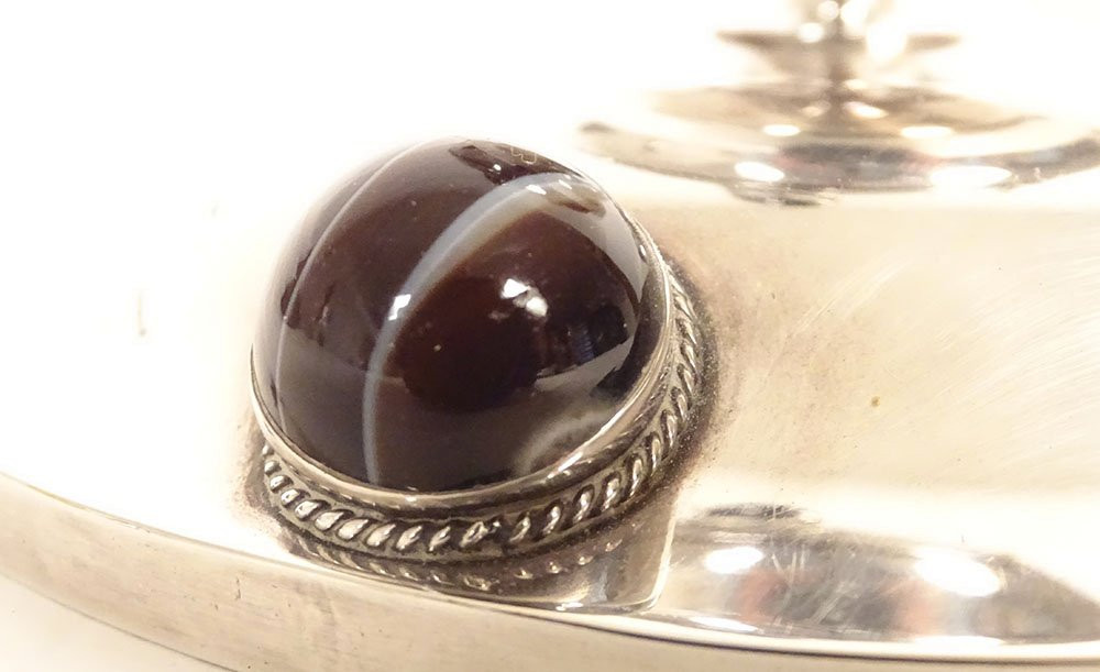 Silver-plated Inkwell With Tiger's Eye Agate Cabochons, Art Deco, 20th Century-photo-5