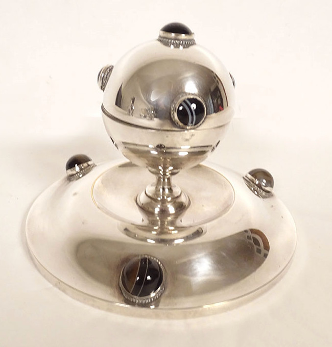 Silver-plated Inkwell With Tiger's Eye Agate Cabochons, Art Deco, 20th Century