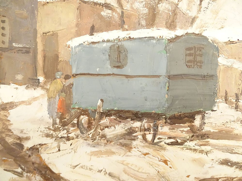 Hsp Painting Edouard Febvre Gypsy Camp Caravan Under The Snow 20th Century-photo-2