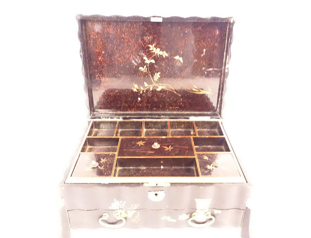 Coffret à bijoux ouvrage bois laqué dorure oiseaux grues fleurs Japon XIXè-photo-2