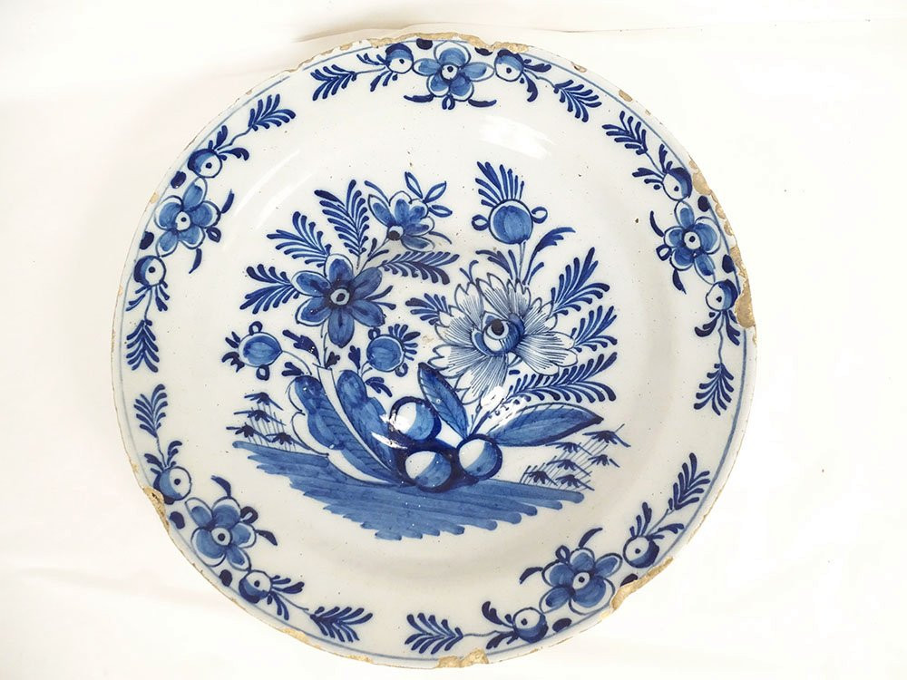 Large Round Dish With Navel, Delft Earthenware, White And Blue, With Bouquets Of Flowers, 18th Century-photo-3