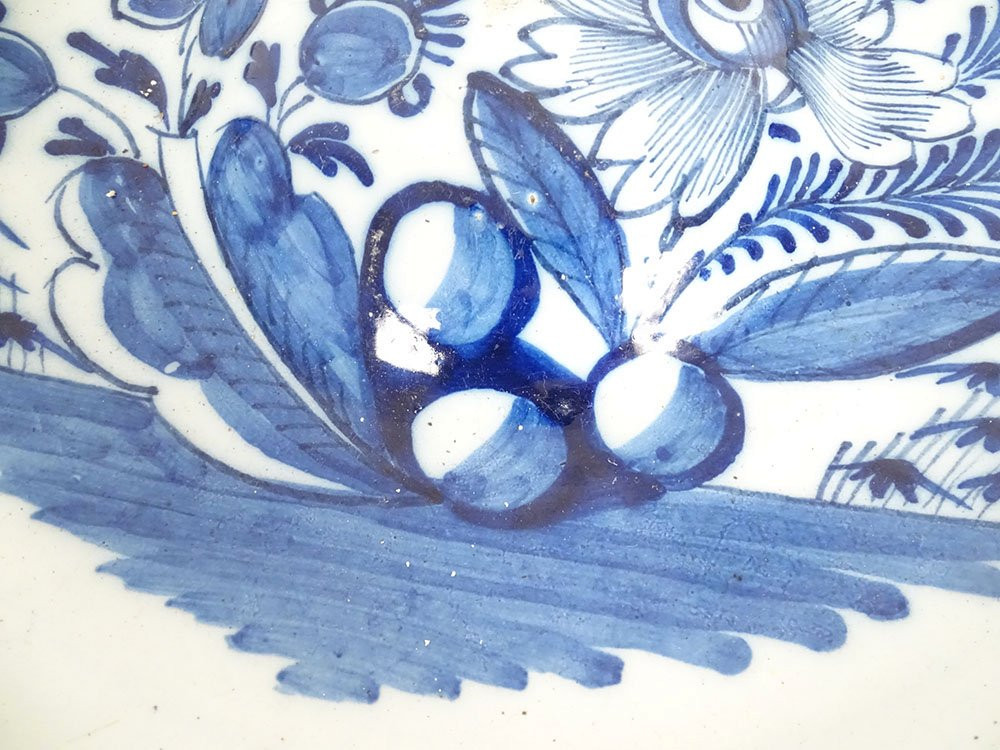 Large Round Dish With Navel, Delft Earthenware, White And Blue, With Bouquets Of Flowers, 18th Century-photo-4