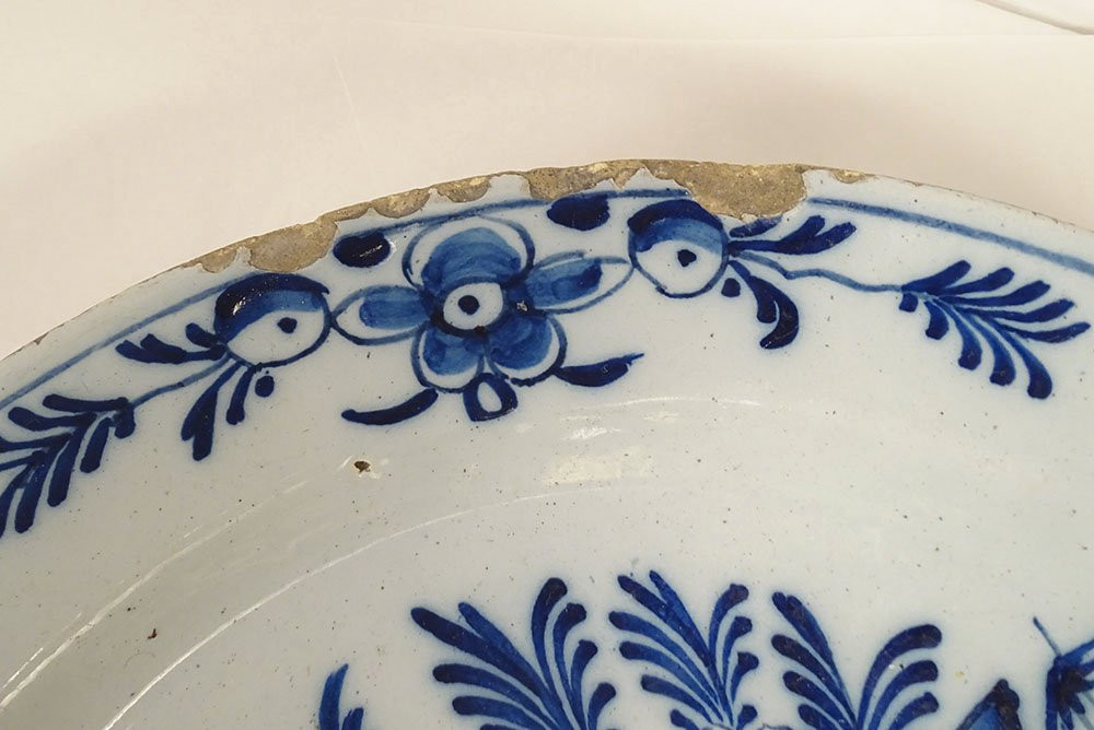 Large Round Dish With Navel, Delft Earthenware, White And Blue, With Bouquets Of Flowers, 18th Century-photo-2