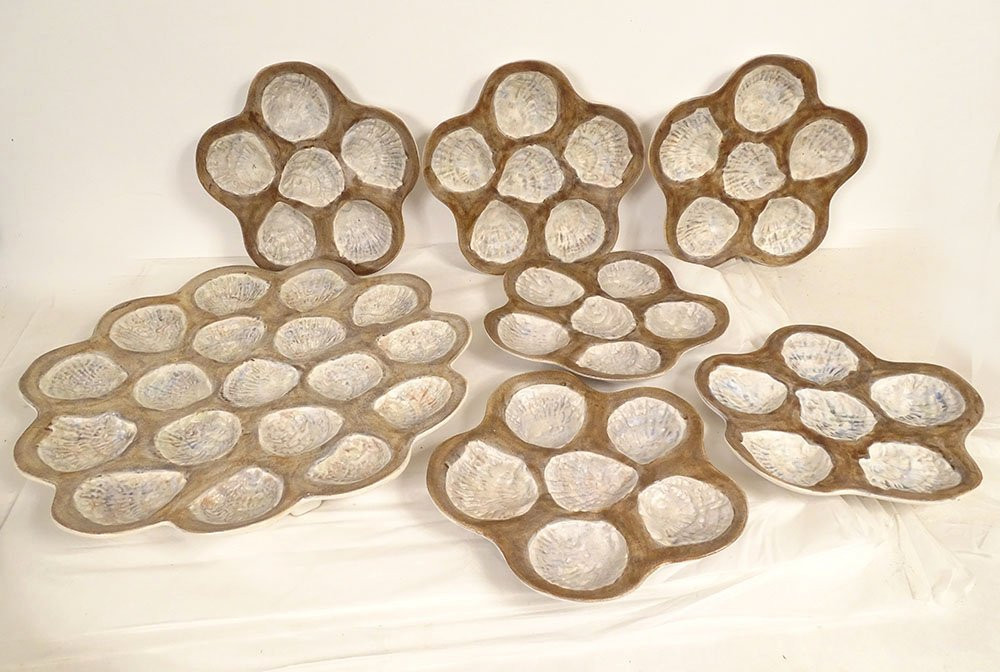 Service à huîtres plat 6 assiettes céramique Marcel Guillot XXème siècle-photo-2