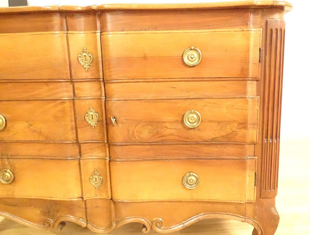 Louis XV Chest Of Drawers With Crossbow Doors, Carved Walnut, Gilt Bronze, 18th Century-photo-2