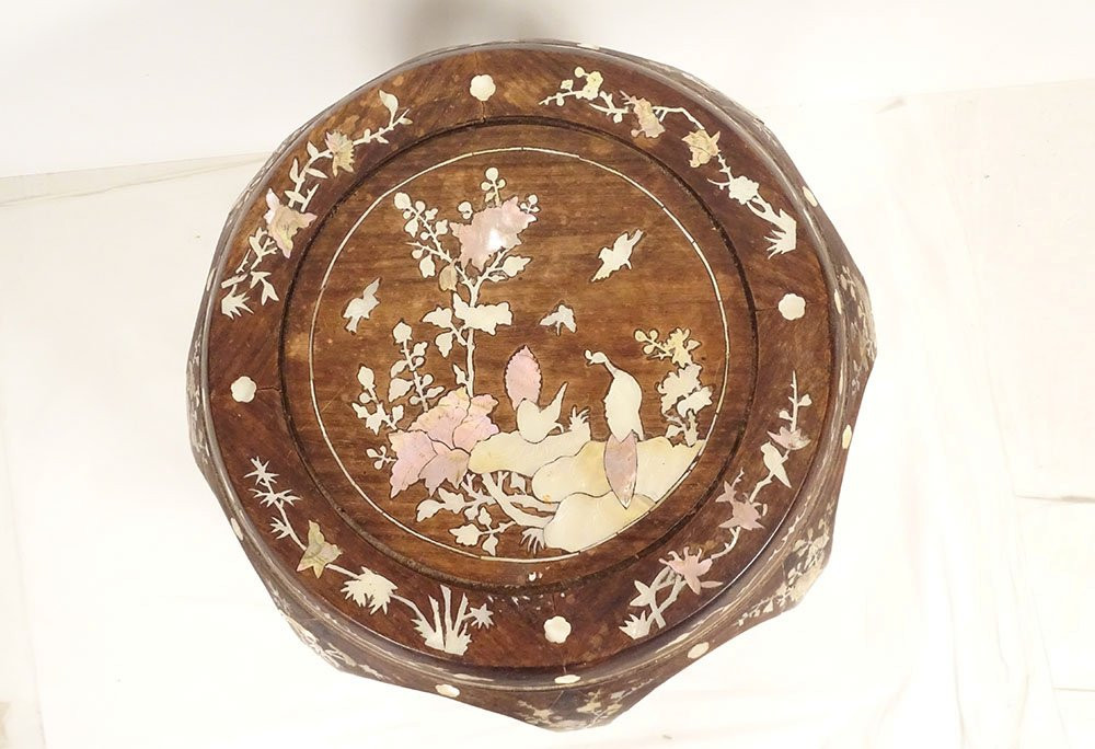 Petite sellette tabouret bois incrustation nacre fleurs oiseaux Vietnam 19è-photo-2