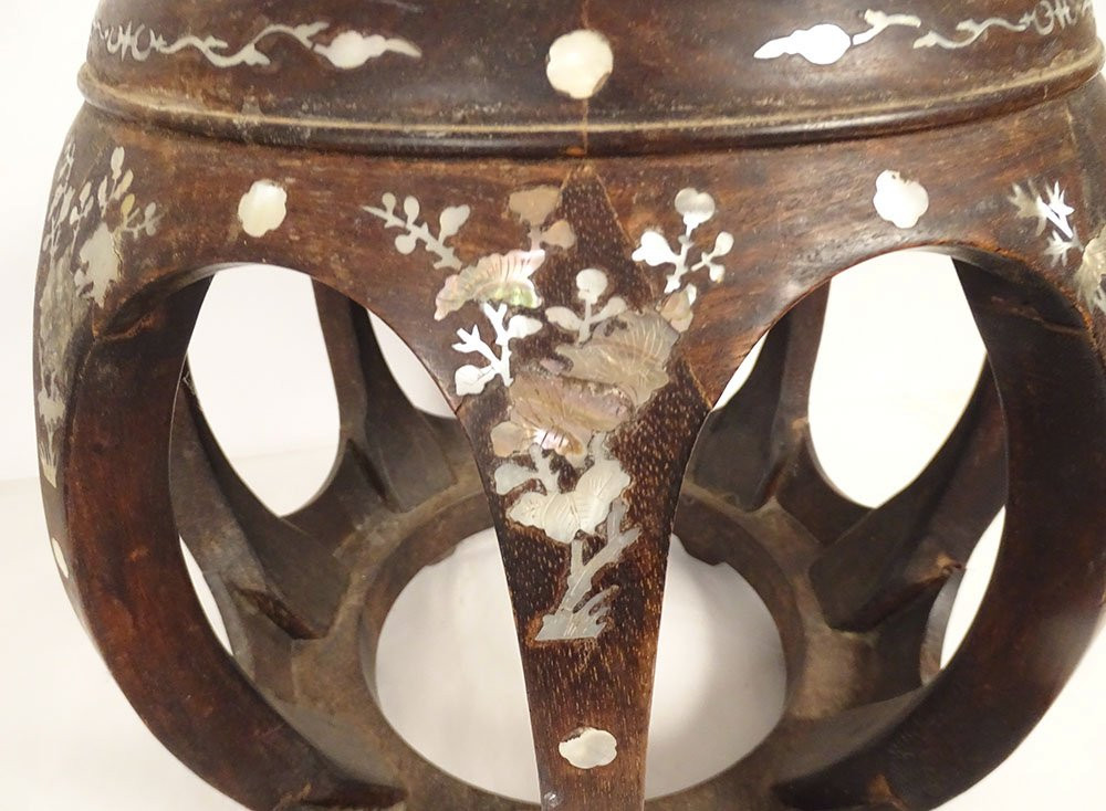 Petite sellette tabouret bois incrustation nacre fleurs oiseaux Vietnam 19è-photo-3
