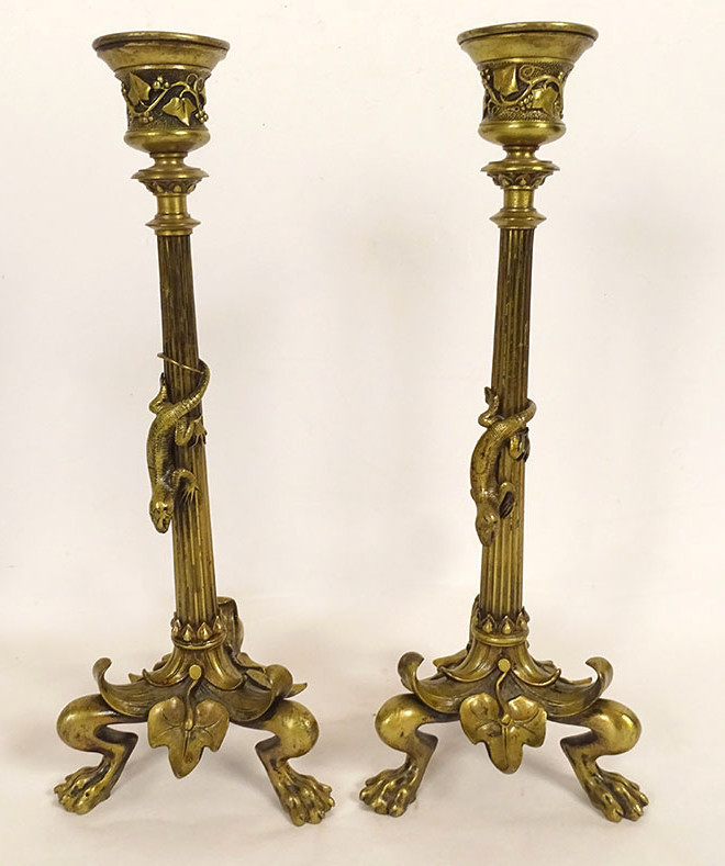 Pair Of Gilt Bronze Candlesticks With Salamander Lizards, Barbedienne Style, Napoleon III Period, 19th Century