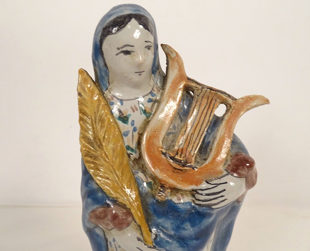 Faience Statuette Of Saint Cecilia With Lyre, Palm, And Martyr, Rennes Binet, Late 19th Century-photo-2