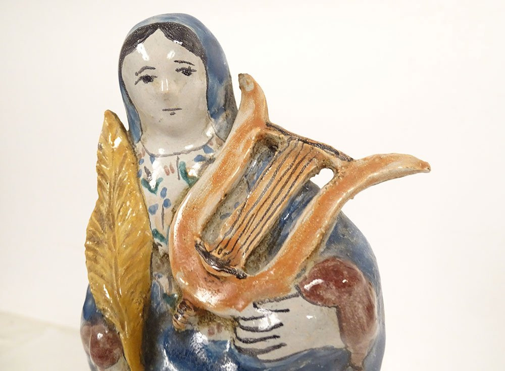 Faience Statuette Of Saint Cecilia With Lyre, Palm, And Martyr, Rennes Binet, Late 19th Century-photo-3