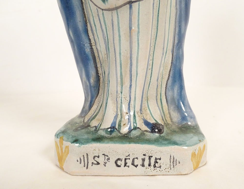 Faience Statuette Of Saint Cecilia With Lyre, Palm, And Martyr, Rennes Binet, Late 19th Century-photo-1