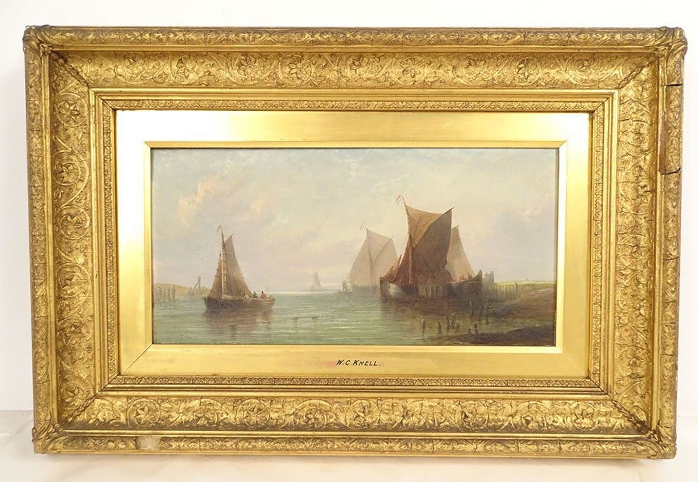 Paire HST tableaux marine William Calcott Knell bateaux pêche paysage XIXè-photo-2