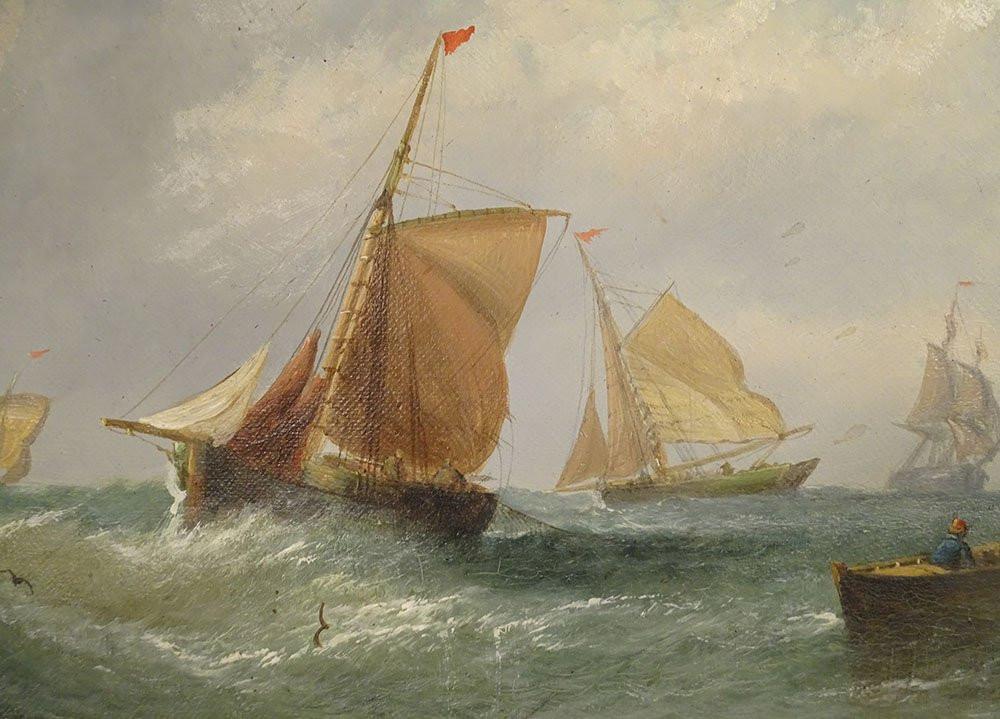 Paire HST tableaux marine William Calcott Knell bateaux pêche paysage XIXè-photo-5