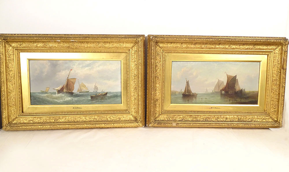 Paire HST tableaux marine William Calcott Knell bateaux pêche paysage XIXè