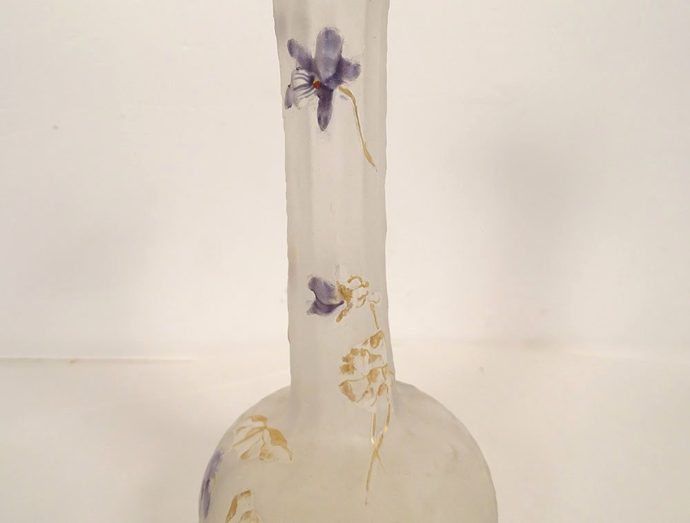 Soliflore Vase In Frosted Enameled Glass By Legras Montjoye, Violets, Art Nouveau, 19th Century-photo-1