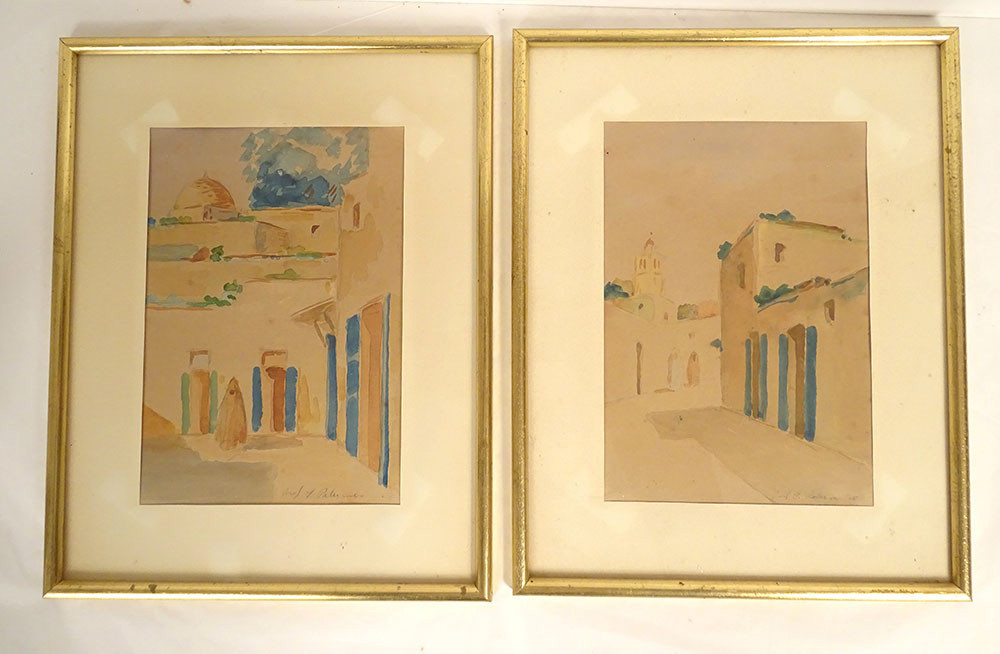 Two Orientalist Watercolors By Raoul Salvador Palumbo, Medina Of Tunis, Tunisia, 20th Century