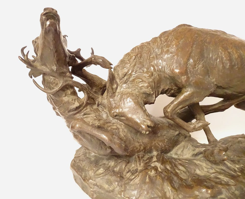 Large Bronze Sculpture By Ernest Dagonet, Depicting Deer Fighting, 80cm, 19th Century-photo-2