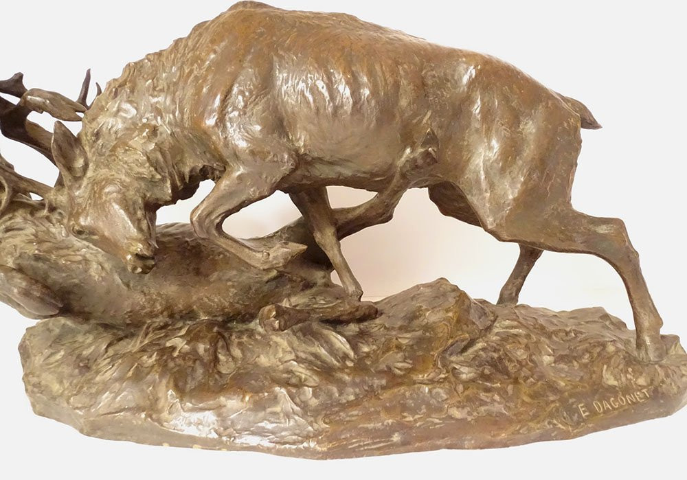 Large Bronze Sculpture By Ernest Dagonet, Depicting Deer Fighting, 80cm, 19th Century-photo-3