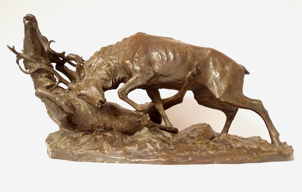 Large Bronze Sculpture By Ernest Dagonet, Depicting Deer Fighting, 80cm, 19th Century-photo-4